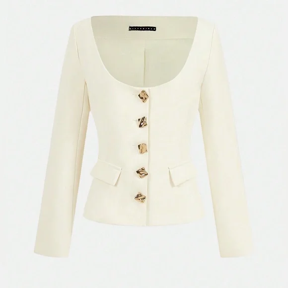 Cream Scoop neck Blazer Top with Gold Buttons - Picture 2 of 13